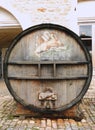 An old painted wine barrel in Chateau de Pommard, France