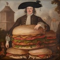 old painting of a funny man with a stack of hamburgers Royalty Free Stock Photo