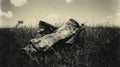 Vintage Black-and-white Photo Old Shoe In Grassy Field