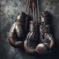 Old pair of boxing gloves, hanging against a distressed wall