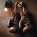 Old pair of boxing gloves, hanging against a distressed wall