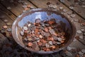 Old pan filled with coins Royalty Free Stock Photo