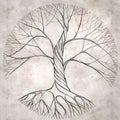 Old paper background with line drawing of a twisted old tree