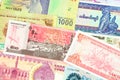 Old paper banknotes from exotic countries of Asia and Africa. Colorful money background 3. Close up high resolution. Royalty Free Stock Photo