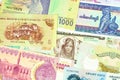 Old paper banknotes from exotic countries of Asia and Africa. Colorful money background 2. Close up high resolution. Royalty Free Stock Photo