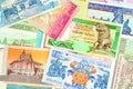 Old paper banknotes from exotic countries of Asia and Africa. Colorful money background 5. Close up high resolution.