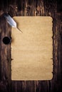 Old paper on brown wood texture with feather and ink Royalty Free Stock Photo