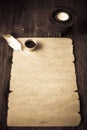 Old paper on brown wood texture with feather and ink Royalty Free Stock Photo
