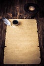 Old paper on brown wood texture with feather and ink Royalty Free Stock Photo