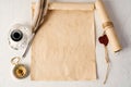 Old paper with compass and quill pen top view photo Royalty Free Stock Photo