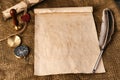 Old paper with compass and quill pen top view photo Royalty Free Stock Photo