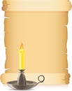 Old paper and conflagrant candle in a candlestick
