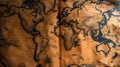 Old paper crumpled world map on table, top view, vintage brown worn rare sheet, background for journey theme. Concept of antique, Royalty Free Stock Photo