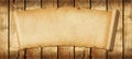 Old paper horizontal banner. Parchment scroll on a wood board Royalty Free Stock Photo