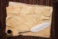 Old paper and inkstand with quill pen on a wood background