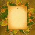 Old paper listing on rusty metal wall with bright autumn leaves