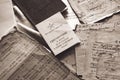 Old paper, military documents close-up in a monochrome