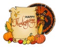 Paper scroll with happy Thanksgiving text, cartoon Turkey wearing Pilgrim hat with pumpkins, corn, barres, pears apples. Royalty Free Stock Photo