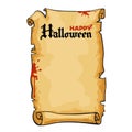 Old paper scroll, text Happy Halloween in Gothic style. Ancient parchment with stains of blood, copy space. Vector