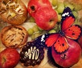 Old paper texture with gorgeous ripe sweet fruit and cream cakes. Red apples, pomegranates and green grapes. Edible gift