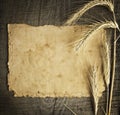 Old paper on wood background with wheat and rye ears Royalty Free Stock Photo