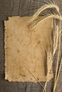 Old paper on wood background with wheat and rye ears Royalty Free Stock Photo