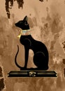 Old papyrus with Black Egyptian cat. Bastet, ancient Egypt goddess, statue profile with Pharaonic gold jewelry, vector isolated