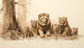 old parchment paper pencil outline drawing of group of lion