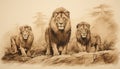 old parchment paper pencil outline drawing of group of lion