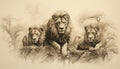 old parchment paper pencil outline drawing of group of lion