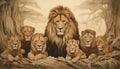 old parchment paper pencil outline drawing of group of lion