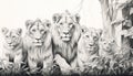 old parchment paper pencil outline drawing of group of lion