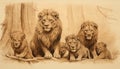 old parchment paper pencil outline drawing of group of lion