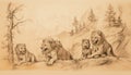 old parchment paper pencil outline drawing of group of lion