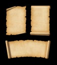 Old Parchment paper scroll set isolated on black. Horizontal and vertical banners Royalty Free Stock Photo