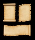 Old Parchment paper scroll set isolated on black. Horizontal and vertical banners Royalty Free Stock Photo