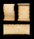 Old Parchment paper scroll set isolated on black. Horizontal and vertical banners Royalty Free Stock Photo