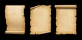 Old Parchment paper scroll set isolated on black. Vertical banners Royalty Free Stock Photo