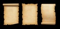 Old Parchment paper scroll set isolated on black. Vertical banners Royalty Free Stock Photo