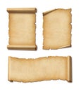 Old Parchment paper scroll set isolated on white with shadow. Horizontal and vertical banners Royalty Free Stock Photo