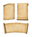 Old Parchment paper scroll set isolated on white with shadow. Horizontal and vertical banners Royalty Free Stock Photo