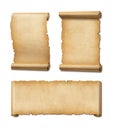 Old Parchment paper scroll set isolated on white with shadow. Horizontal and vertical banners Royalty Free Stock Photo