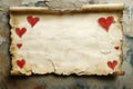 Old parchment scroll with hand-drawn red hearts on a distressed wall background, creating a nostalgic and romantic Royalty Free Stock Photo