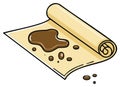 Old parchment scroll with a spilled coffee stain messy cartoon vector illustration Royalty Free Stock Photo