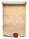 Old parchment scroll with wax seal isolated on white