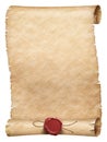 Old parchment scroll with wax seal with thread isolated Royalty Free Stock Photo