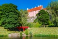 Old park with pond and view of Toompea hill, Tallinn
