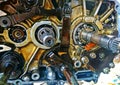 Old part of motorcycle engine overhaul in the repair shop