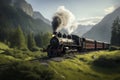 An old passenger locomotive with carriages and a lot of smoke passes through a picturesque mountainous area