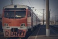 Old passenger train, red. Stands on the platform. Royalty Free Stock Photo